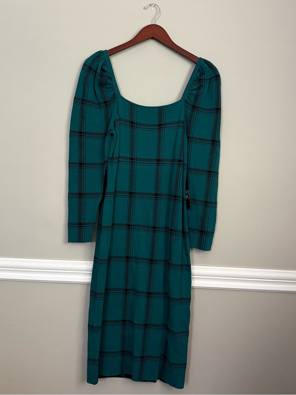 NWT New York & Company Teal Black Plaid Bodycon Midi Dress XL - Picture 8 of 13